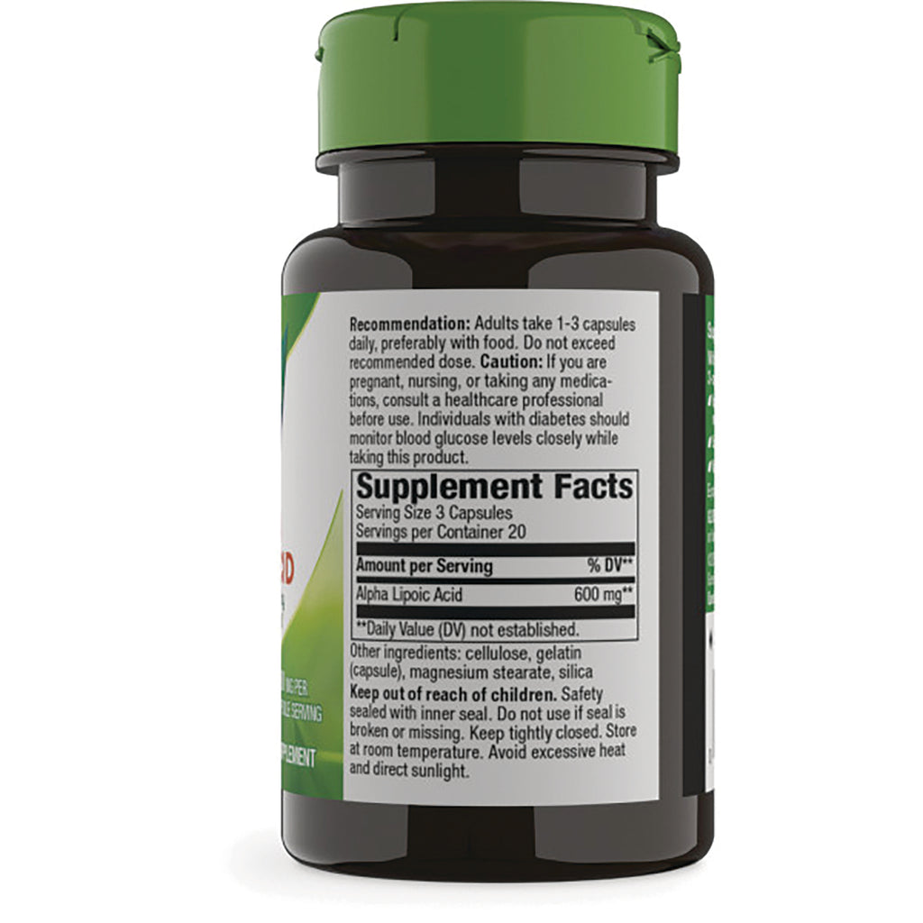 NW776 | Back of brown supplement bottle showing Supplement Facts panel listing Alpha Lipoic Acid 600 mg and usage directions - Thumbnail