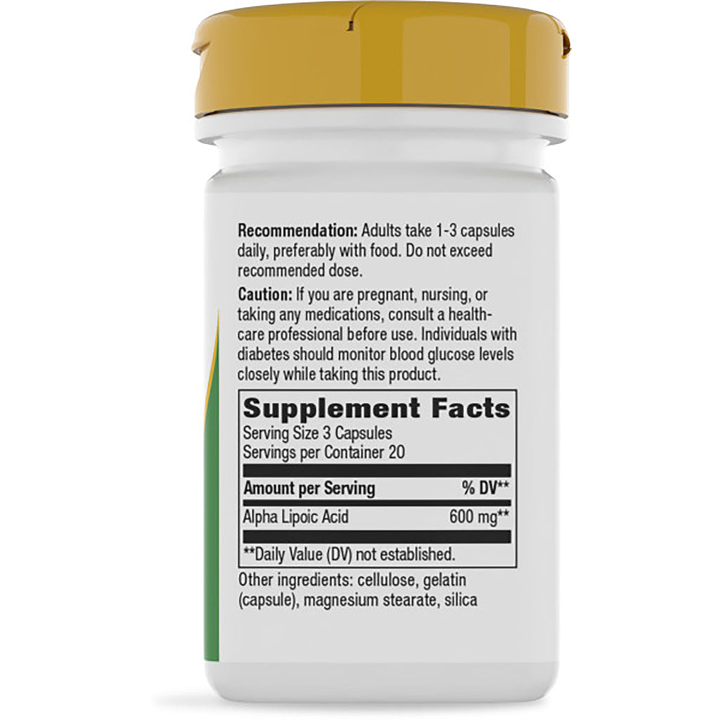NW776 | Back of brown supplement bottle showing Supplement Facts panel listing Alpha Lipoic Acid 600 mg and usage directions - Thumbnail
