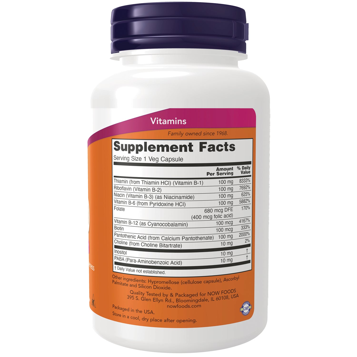 NWF022 | Back of white vitamin bottle showing Supplement Facts label and ingredient list