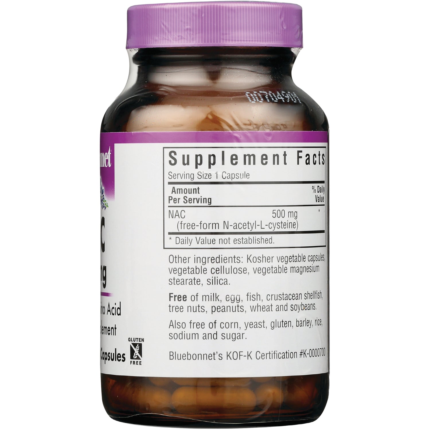 BLU103 | Back label of supplement bottle showing Supplement Facts panel with NAC 500 mg, ingredients, and allergen-free statements