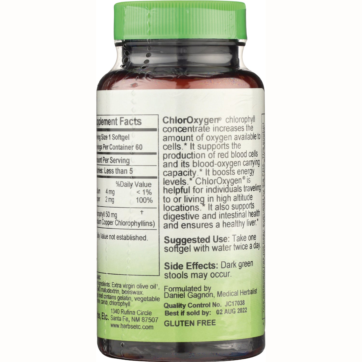 HE102 | back label showing supplement facts, ChlorOxygen suggested use, side effects, and GLUTEN FREE note