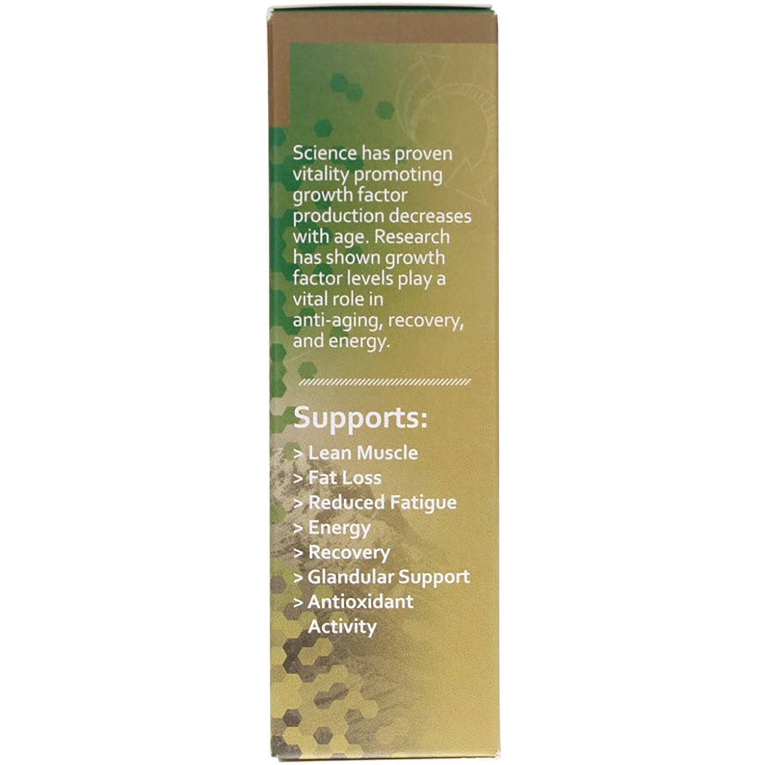 PSL003 | Back of box listing supports: lean muscle, fat loss, reduced fatigue, energy, recovery, glandular support, antioxidant activity