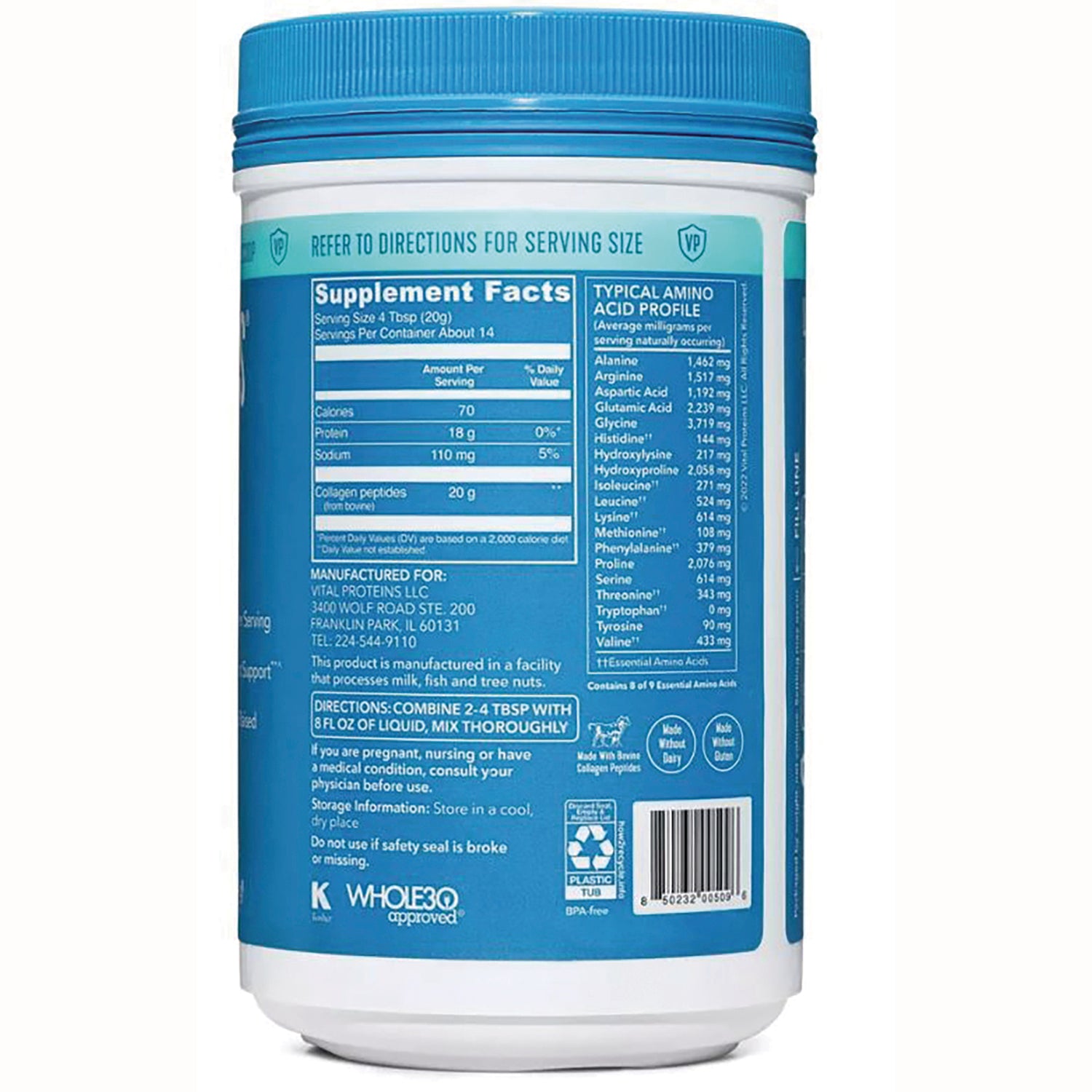 VPR001 | Back of Vital Proteins collagen peptides tub with Supplement Facts panel and amino acid profile