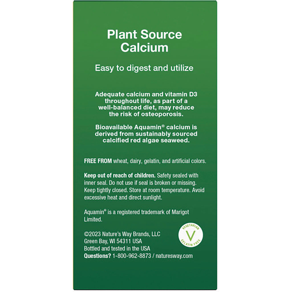 NW857 | green panel titled Plant Source Calcium showing benefits, Aquamin sourcing, free-from claims and storage and safety info - Thumbnail