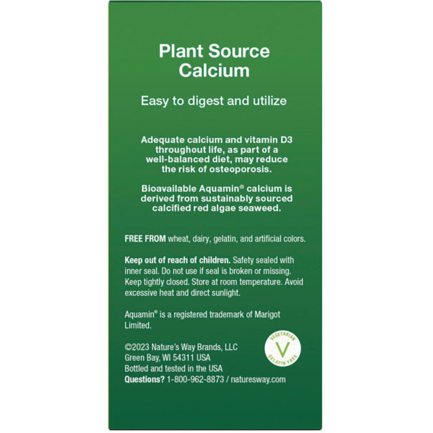 NW857 | green panel titled Plant Source Calcium showing benefits, Aquamin sourcing, free-from claims and storage and safety info