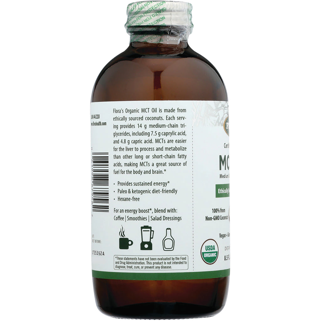 FL115 | back label of brown glass bottle showing Flora's Organic MCT Oil facts, barcode, usage icons and USDA Organic seal - Thumbnail
