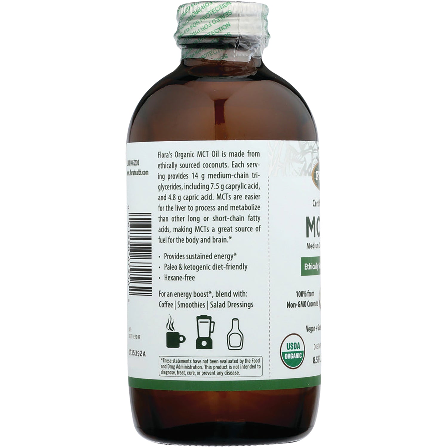 FL115 | back label of brown glass bottle showing Flora's Organic MCT Oil facts, barcode, usage icons and USDA Organic seal