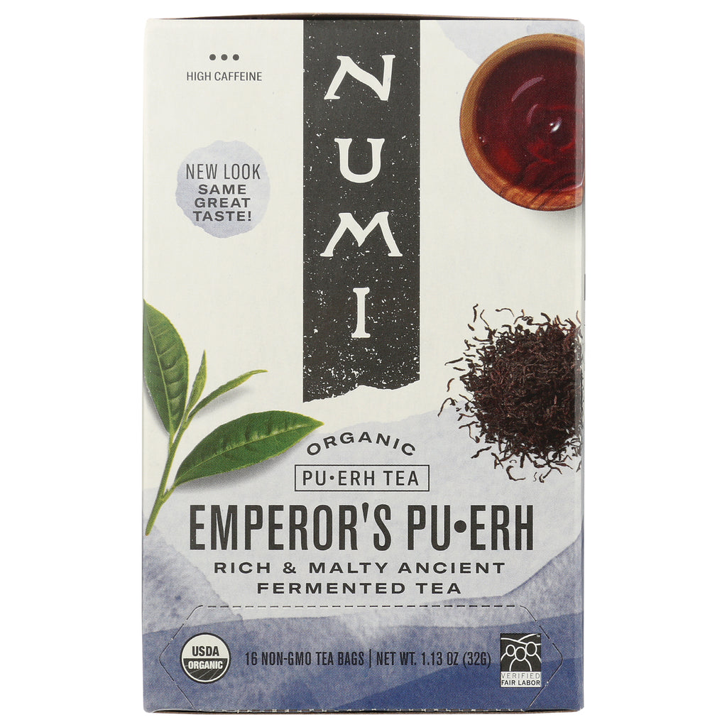 NUM007 | Front of Emperor's Pu-erh organic tea box with NUM logo, tea leaves, cup, and product name - Thumbnail