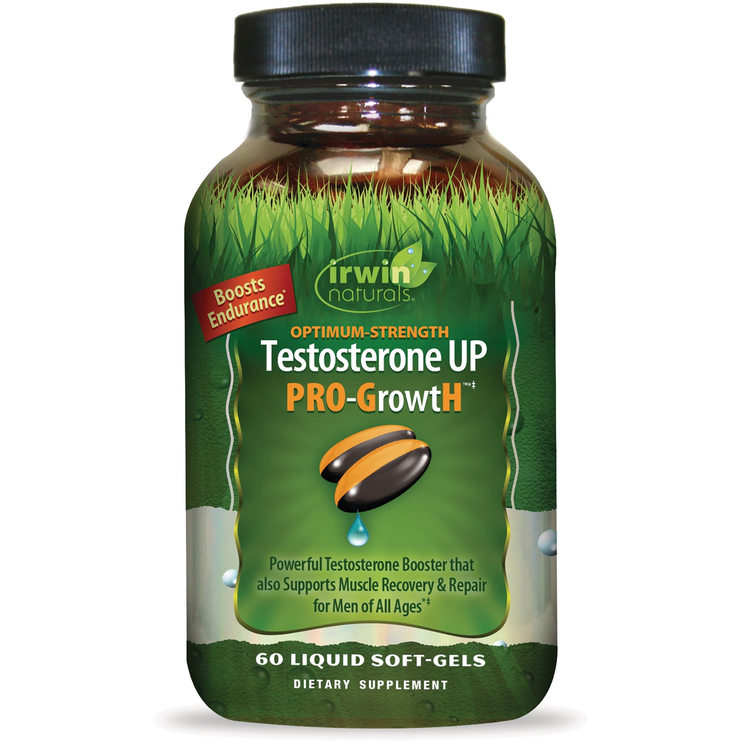 IR271 | Irwin Naturals Testosterone UP PRO-Growth green bottle label stating 60 liquid soft-gels dietary supplement