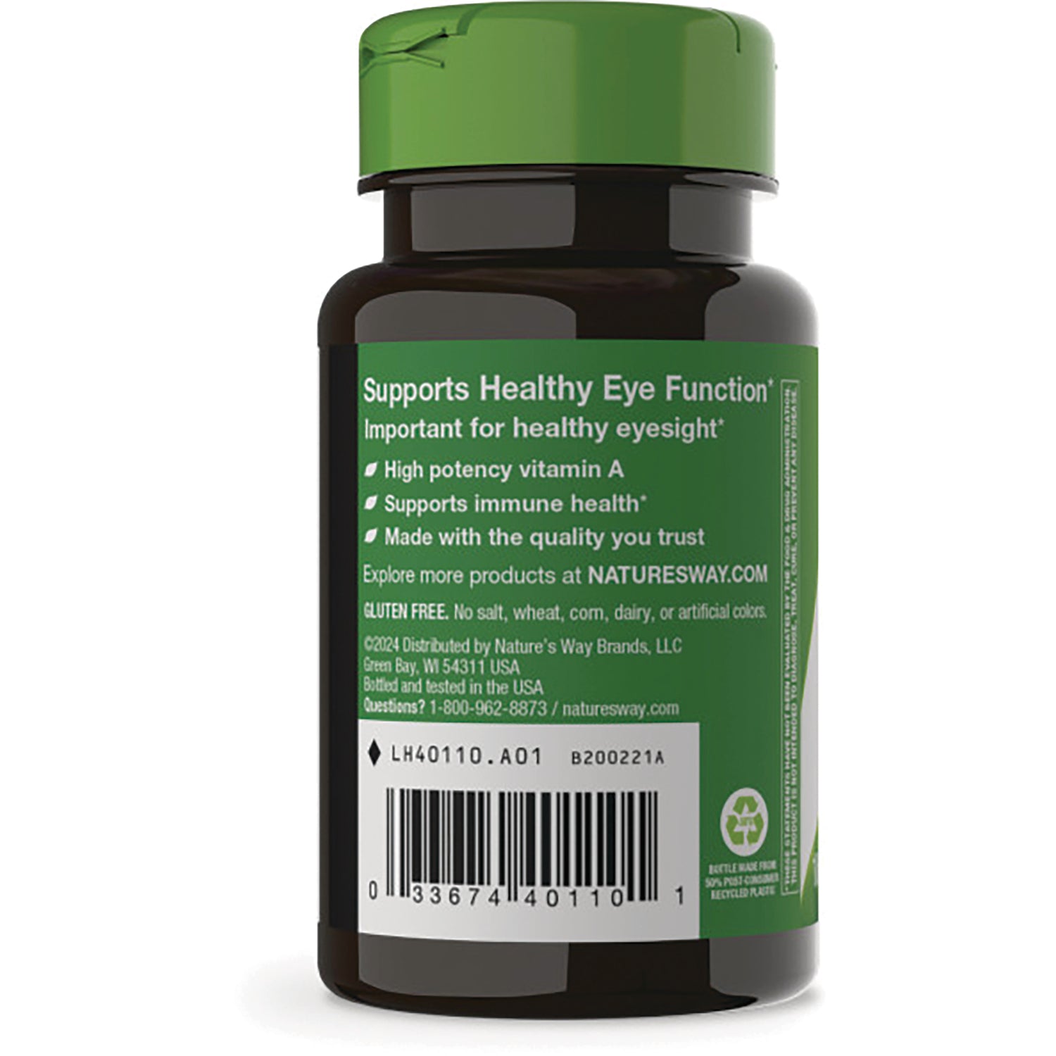NW953 | Back label of brown supplement bottle with green cap showing Supports Healthy Eye Function text, ingredient details and barcode