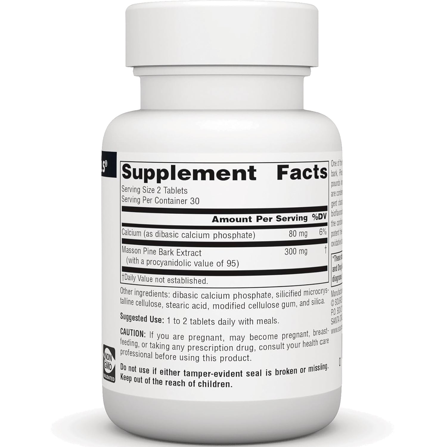 SN516 | Back label with Supplement Facts, serving size 2 tablets, 30 servings, calcium 80 mg and pine bark extract 300 mg