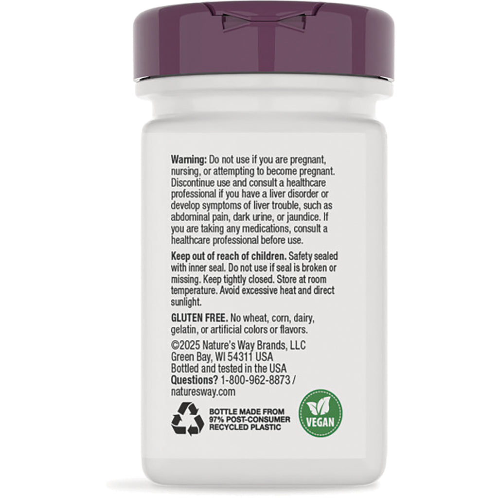 NW728 | Back of white supplement bottle showing warning and storage text, gluten free label, vegan badge and recycling symbol - Thumbnail
