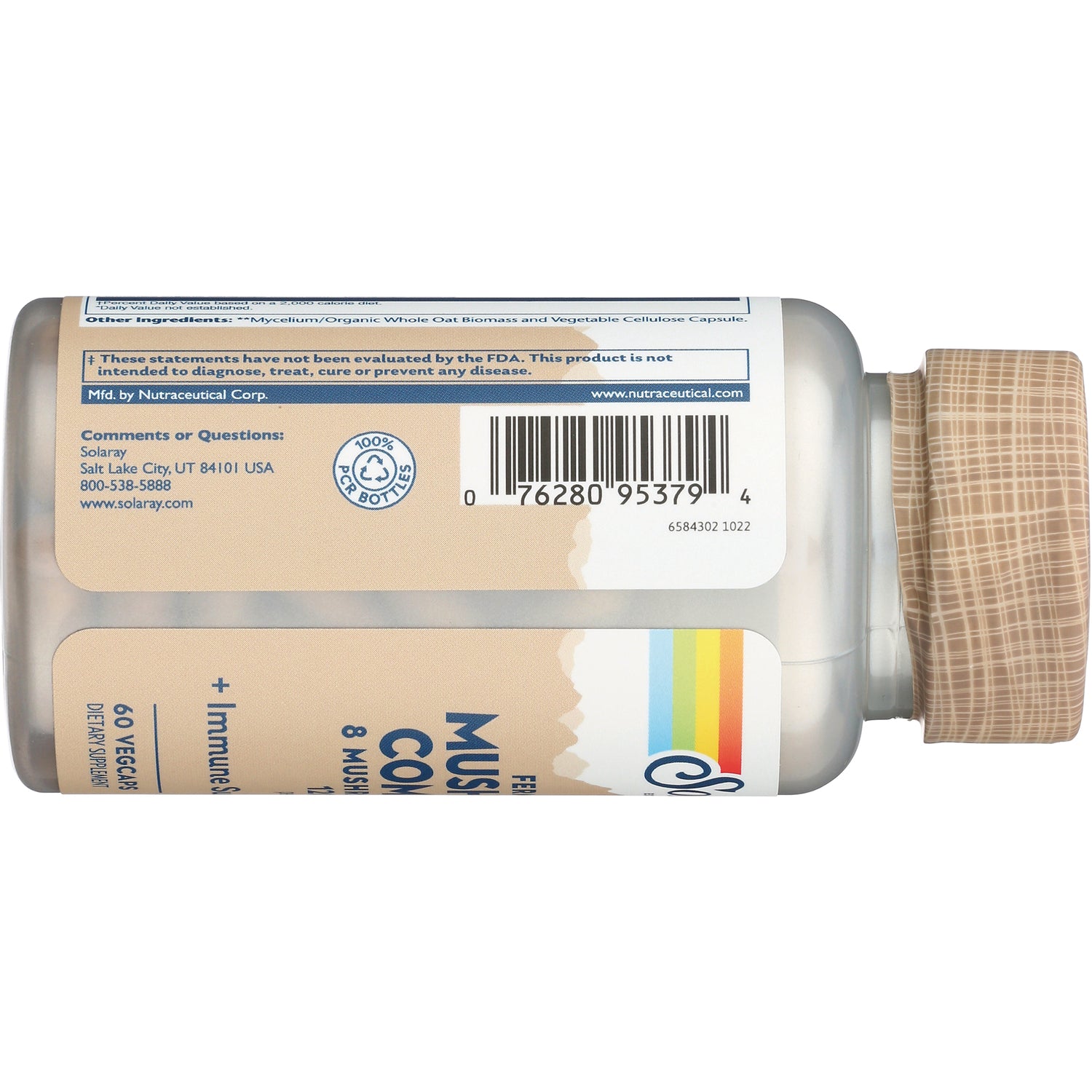 Back label with barcode and contact info on sideways supplement bottle with patterned cap