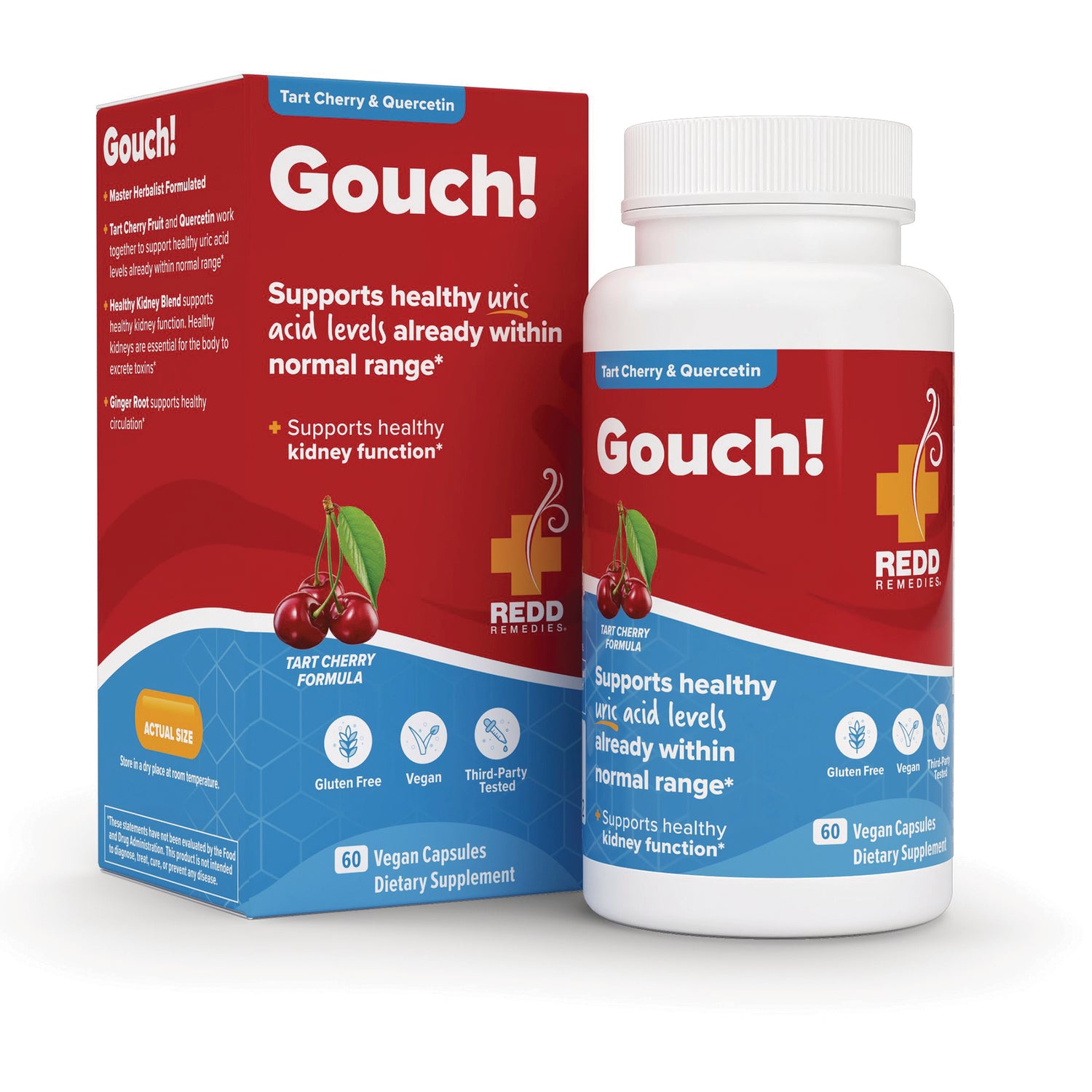 RED003 | Gouch! tart cherry supplement bottle and box, 60 vegan capsules, Redd Remedies