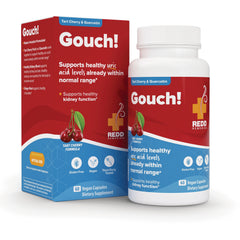 RED003 | Gouch! tart cherry supplement bottle and box, 60 vegan capsules, Redd Remedies