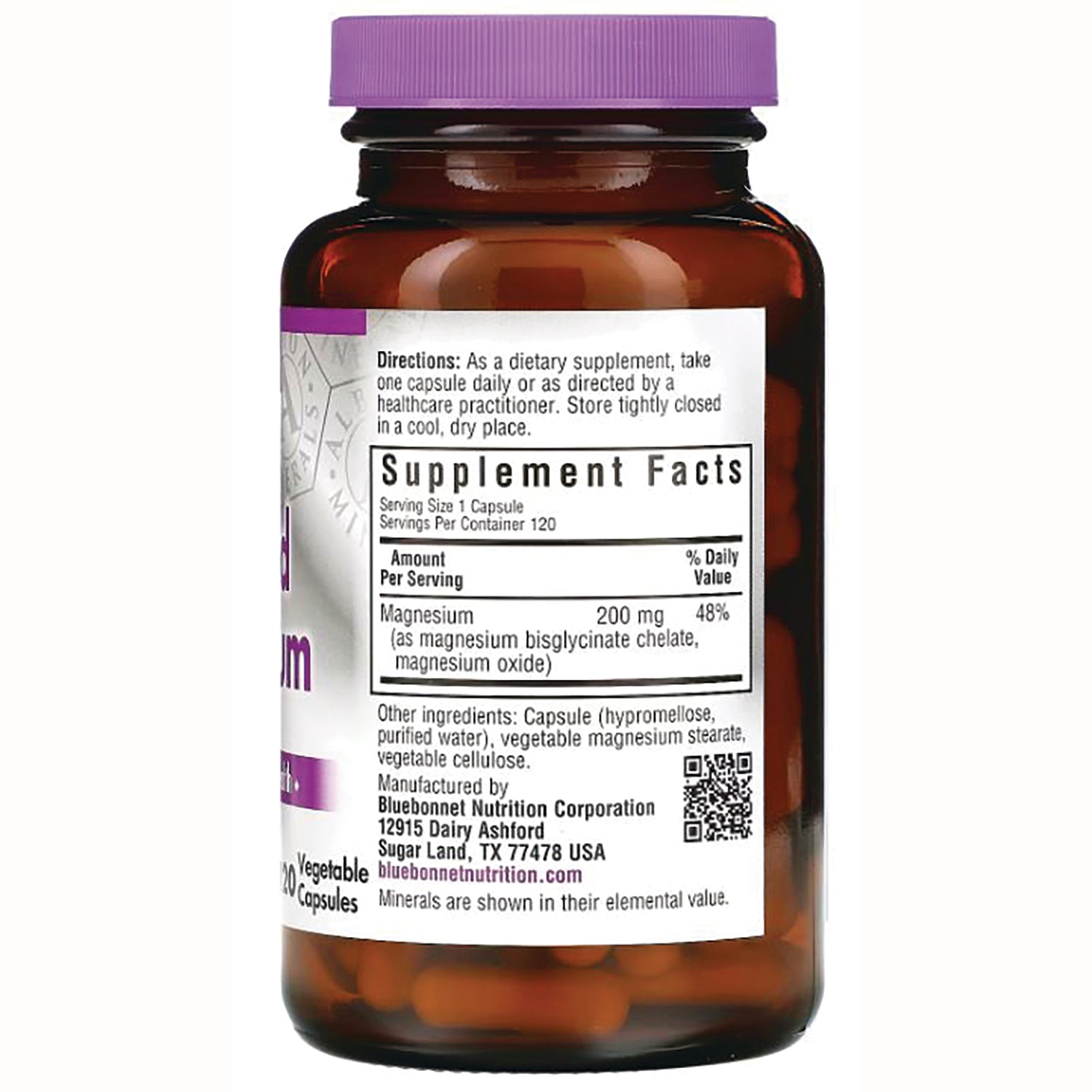 BLU058 | Back of amber supplement bottle showing Supplement Facts label listing magnesium 200 mg, directions and manufacturer Bluebonnet Nutrition