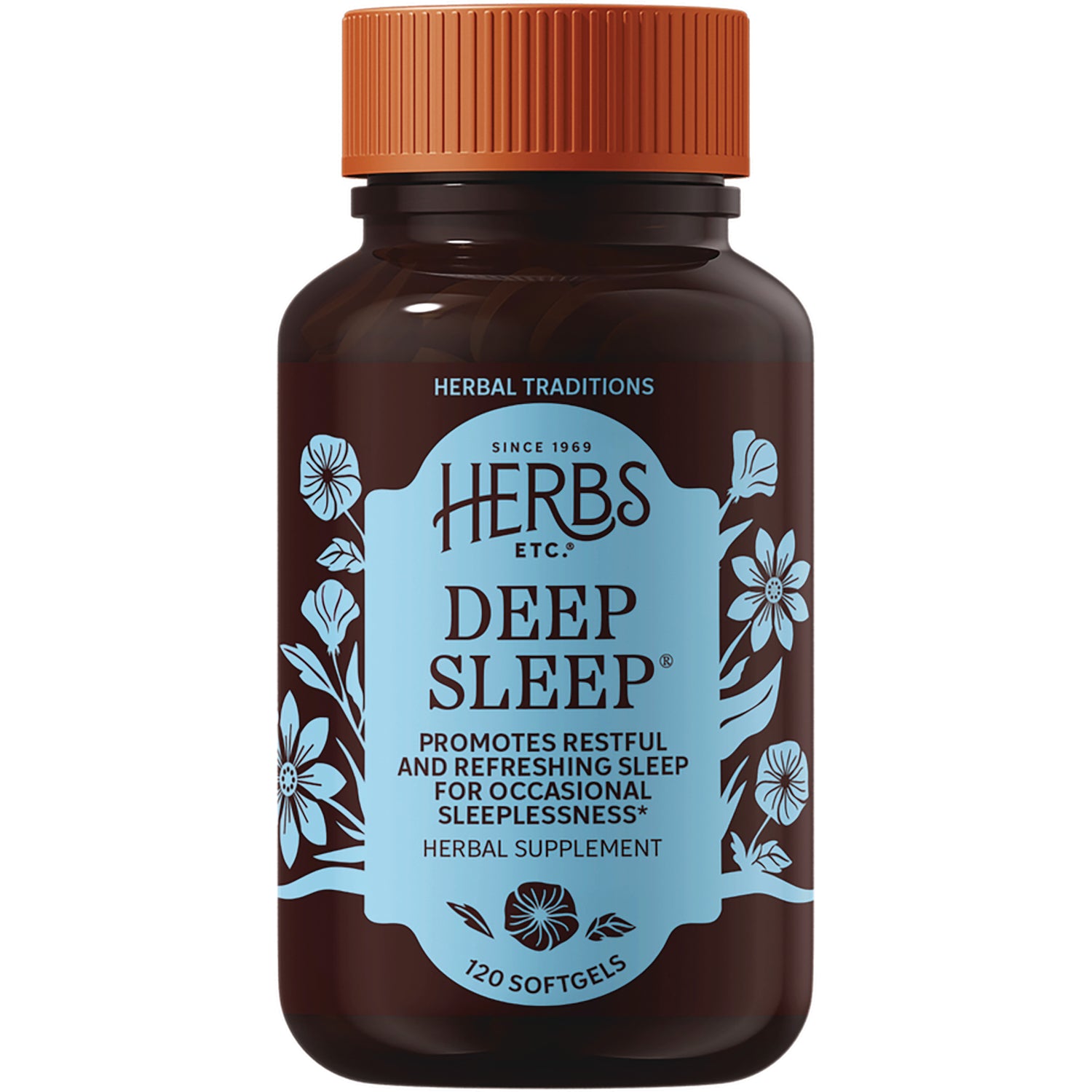 HE103 | Brown bottle with orange cap and blue label reading HERBS ETC DEEP SLEEP herbal supplement 120 softgels