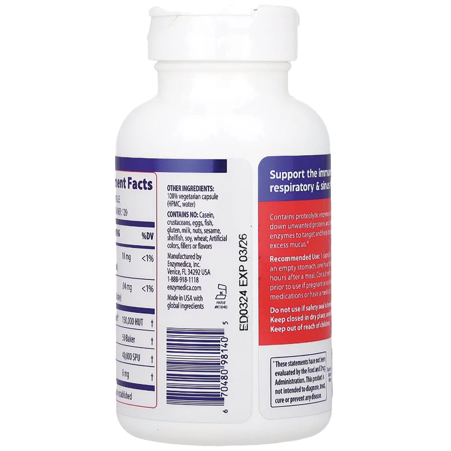 EMD027 | Back of white supplement bottle showing supplement facts panel, ingredients, barcode and red support label