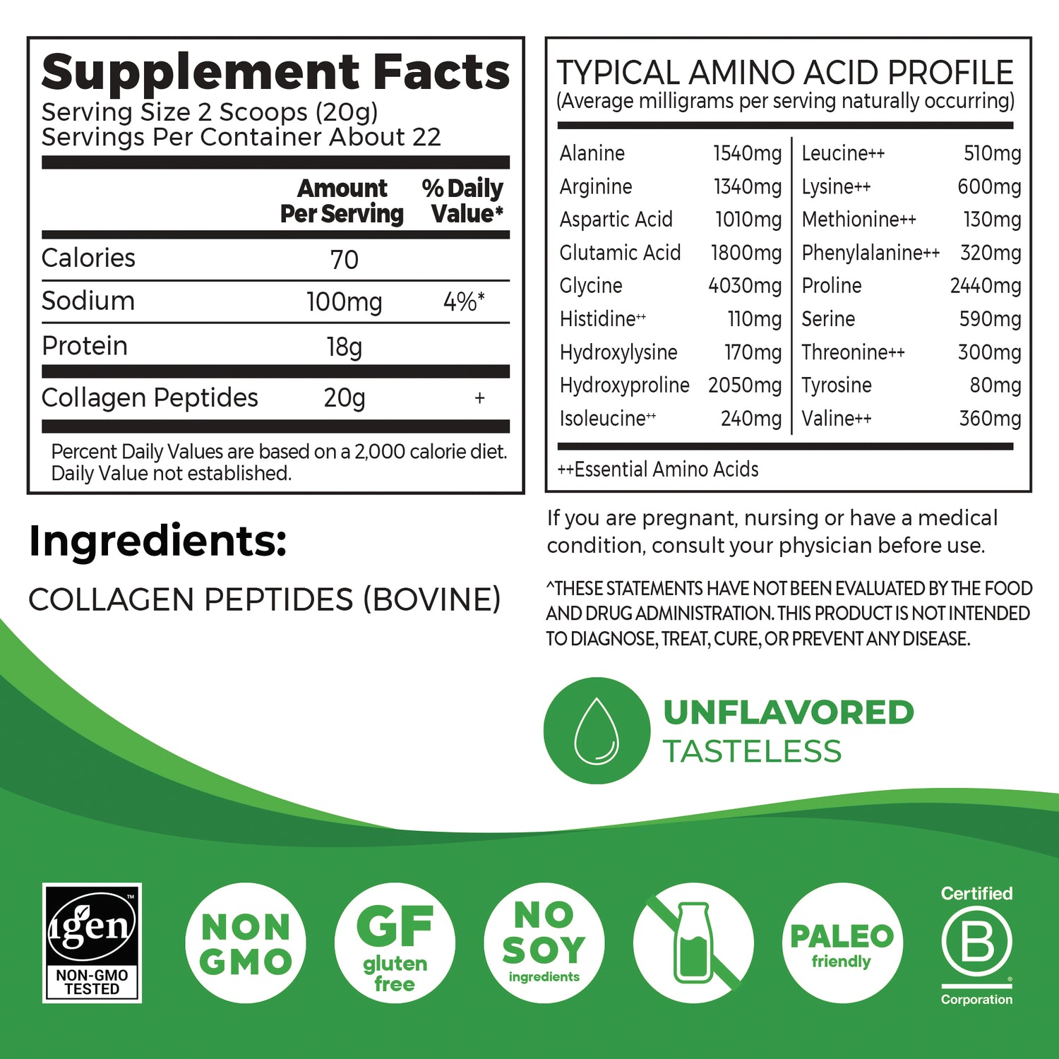 OGN005 | Back label showing supplement facts, typical amino acid profile, ingredients listing collagen peptides and certification icons