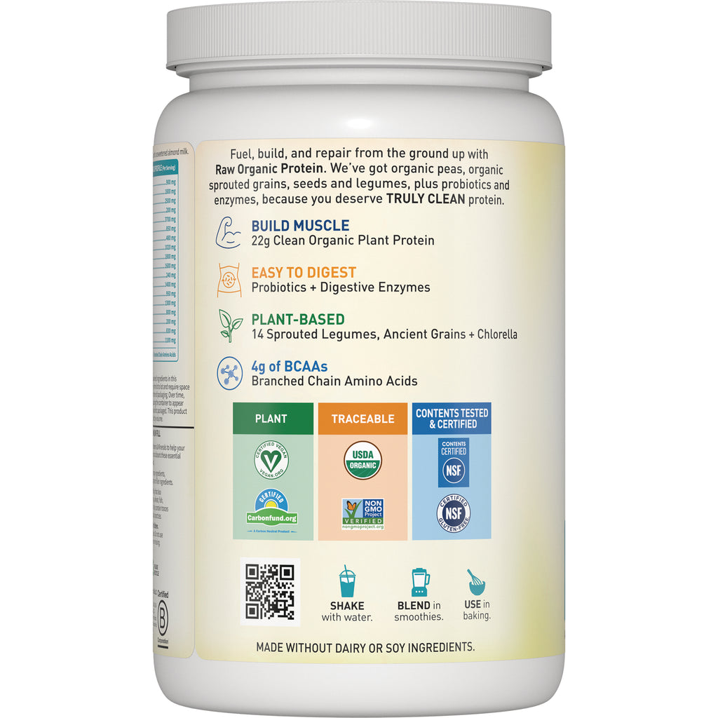 GLF062 | Back label of protein powder listing build muscle 22g plant protein, easy to digest, 4g BCAAs, certifications and shake/blend/use icons - Thumbnail