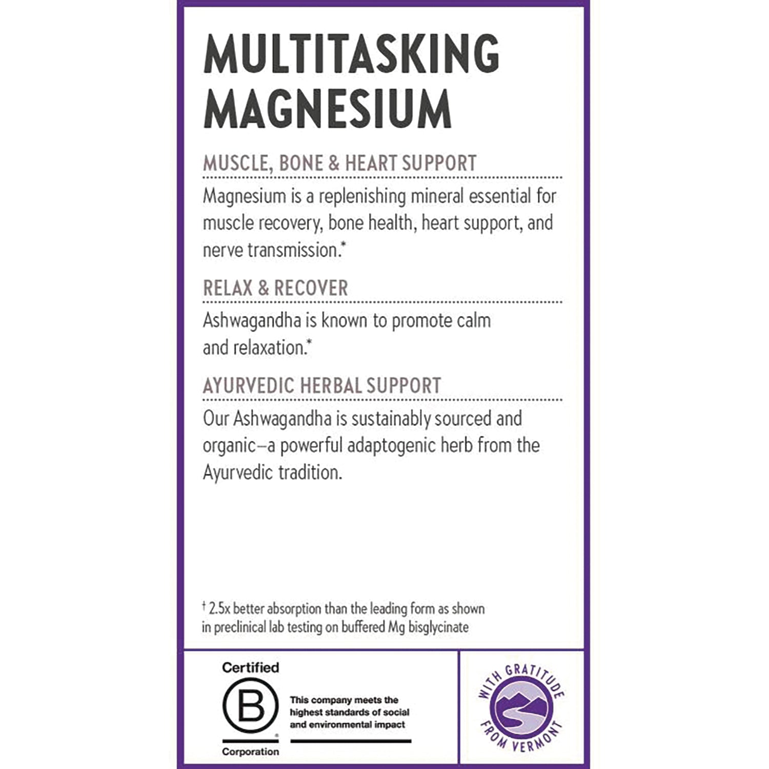 NWC388 | Product infographic for Multitasking Magnesium highlighting muscle, bone & heart support, Ashwagandha adaptogen, certified B badge