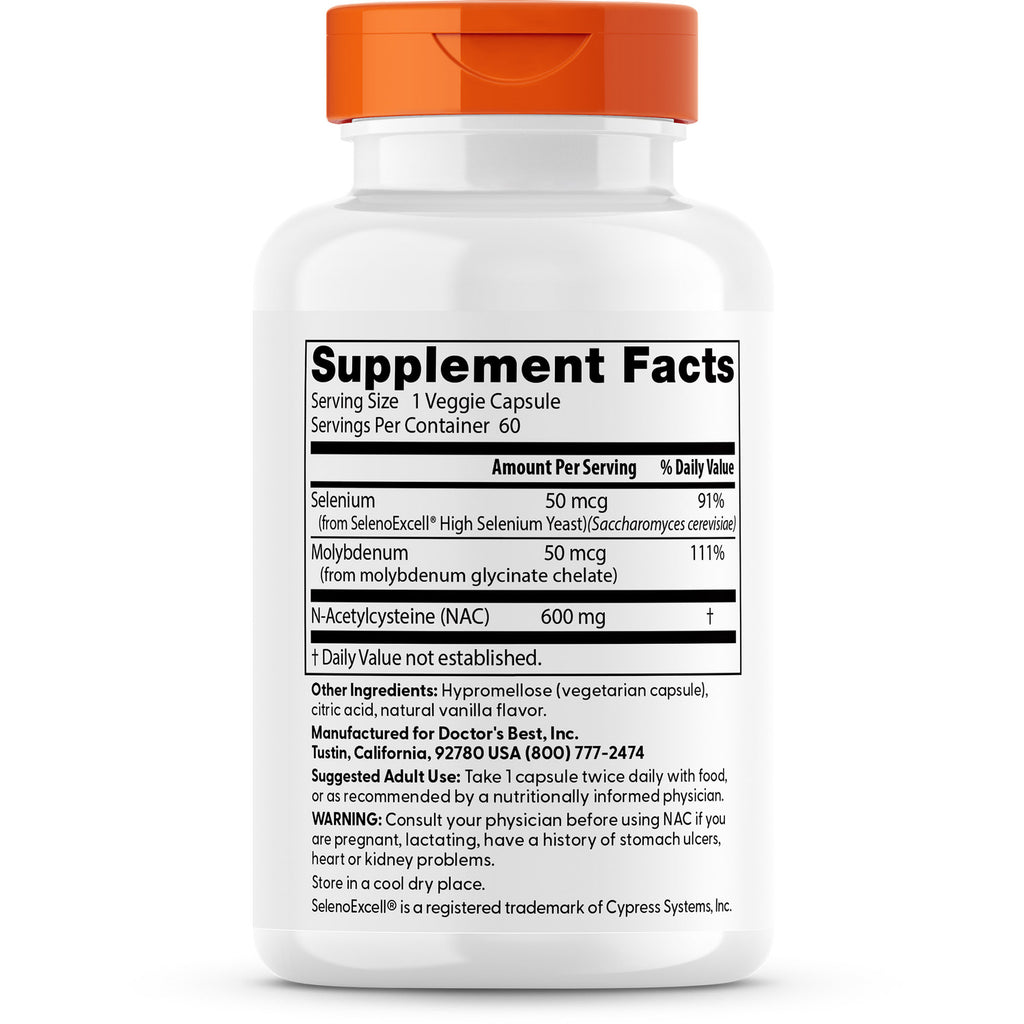 DB217 | back label showing Supplement Facts panel listing serving size, Selenium 50 mcg, Molybdenum 50 mcg, NAC 600 mg - Thumbnail
