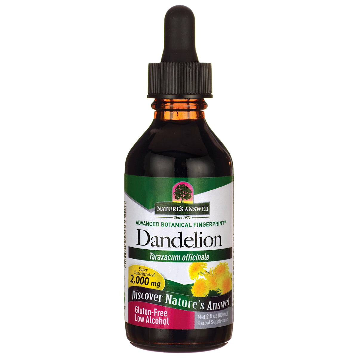 NAT227 | amber dropper bottle labeled Dandelion Taraxacum officinale 2,000 mg gluten-free low alcohol