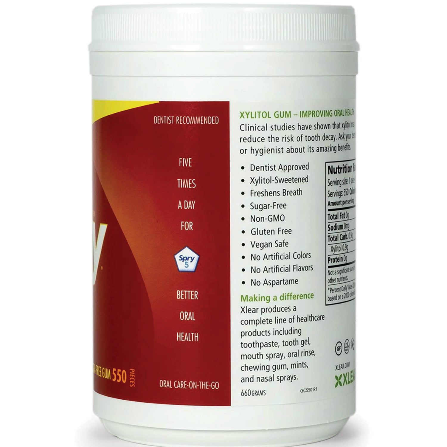 XL036 | Spry Xylitol Gum canister back showing Dentist Recommended benefits list and nutrition facts panel