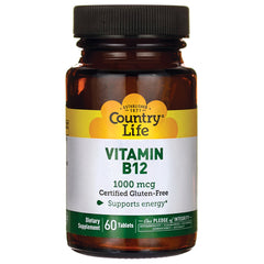 CRL147 | Country Life Vitamin B12 1000 mcg bottle with 60 tablets label, certified gluten-free