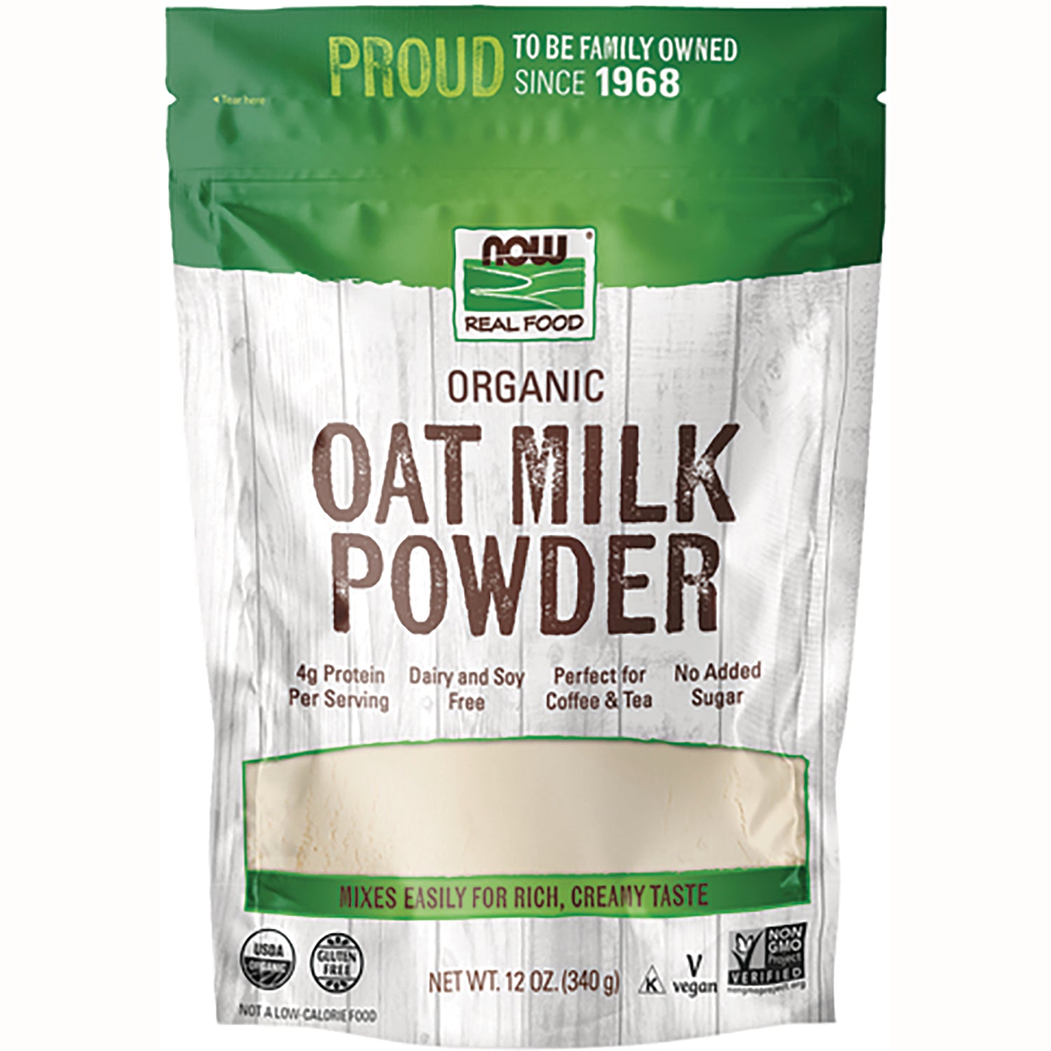 NWF1386 | NOW Real Food organic OAT MILK POWDER front pouch with clear window and green top