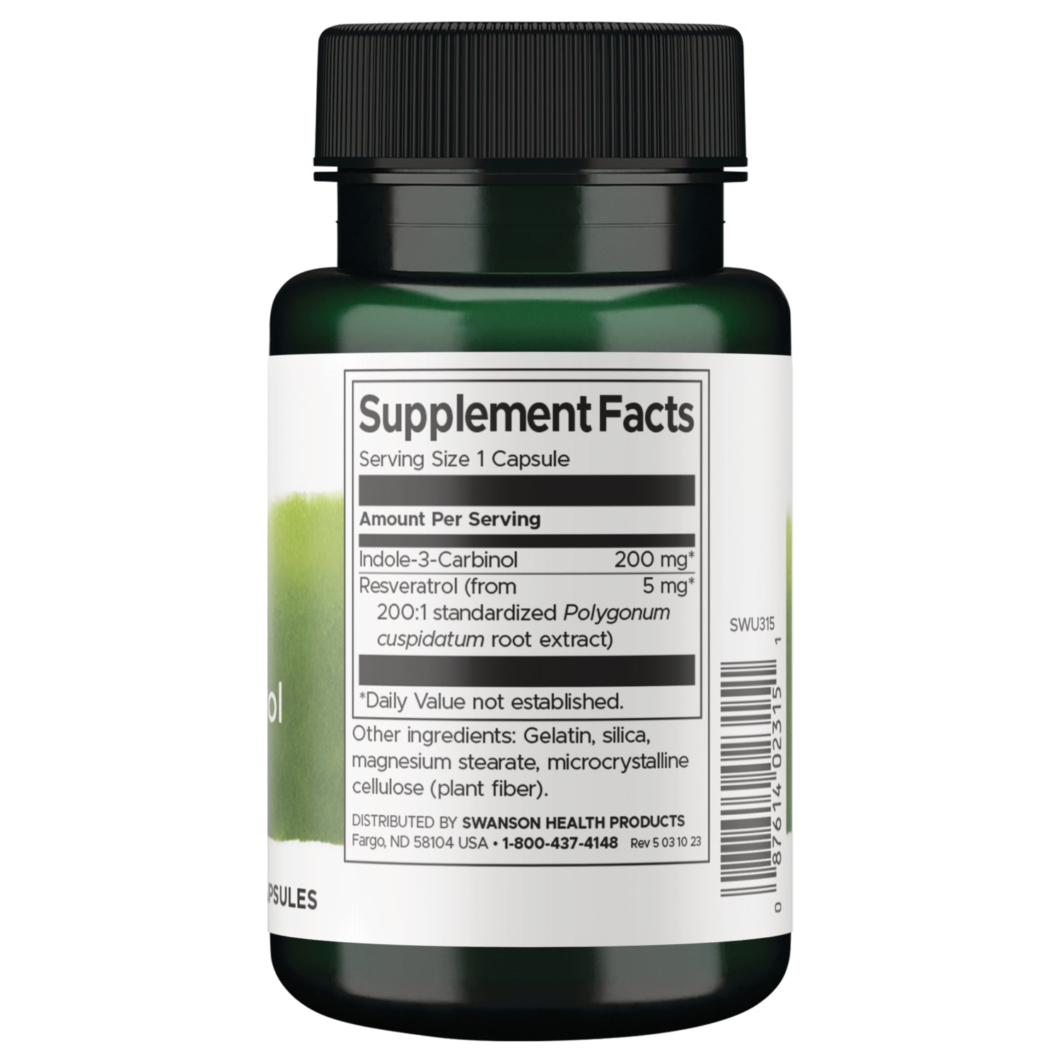 SWU315 | Back label with Supplement Facts: serving size 1 capsule; Indole-3-Carbinol 200 mg; Resveratrol 5 mg