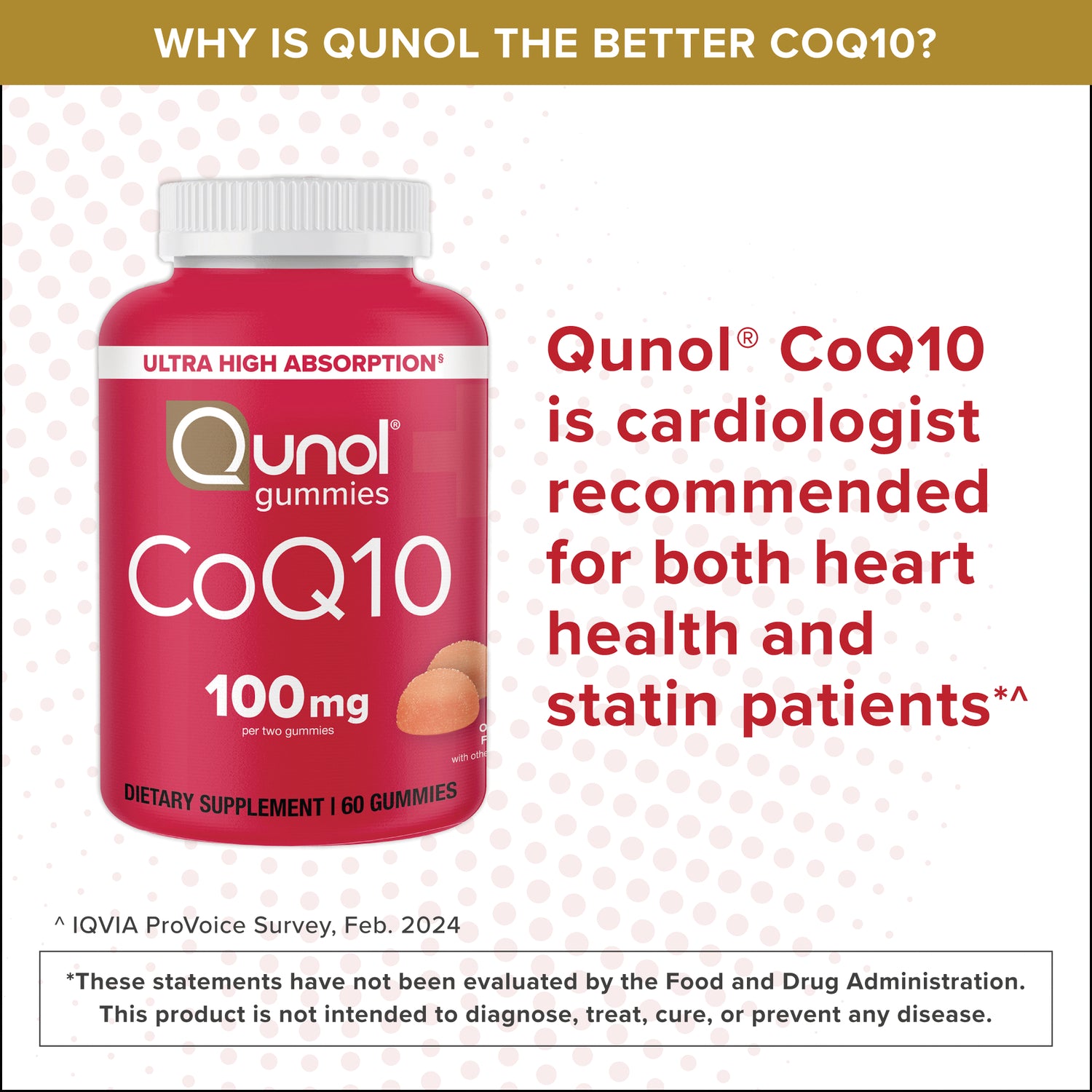 QNL013 | Qunol CoQ10 gummies infographic stating cardiologist recommended for heart health and statin patients