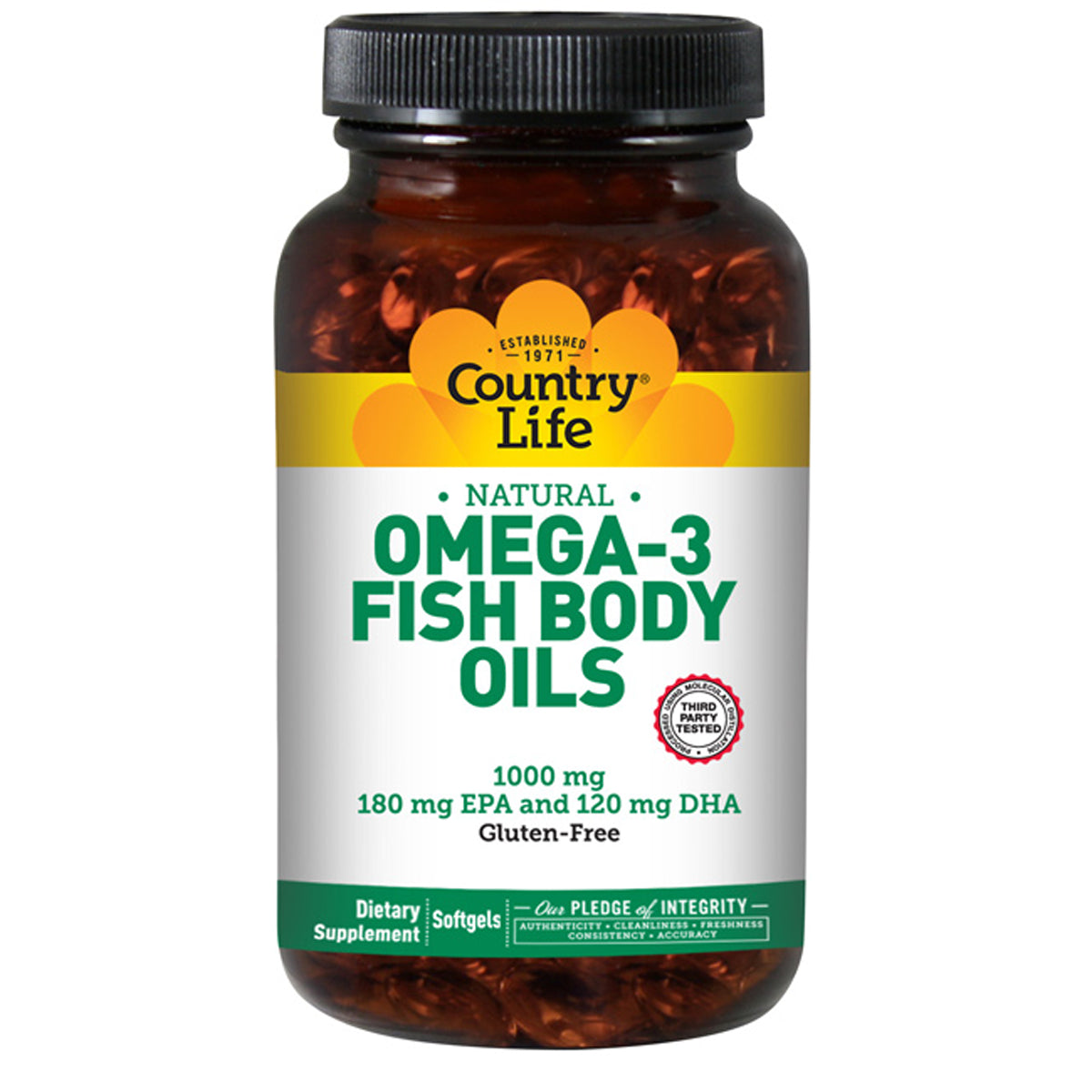CRL395 | Country Life Omega-3 Fish Body Oils 1000 mg softgel bottle, label shows 180 mg EPA and 120 mg DHA, gluten-free