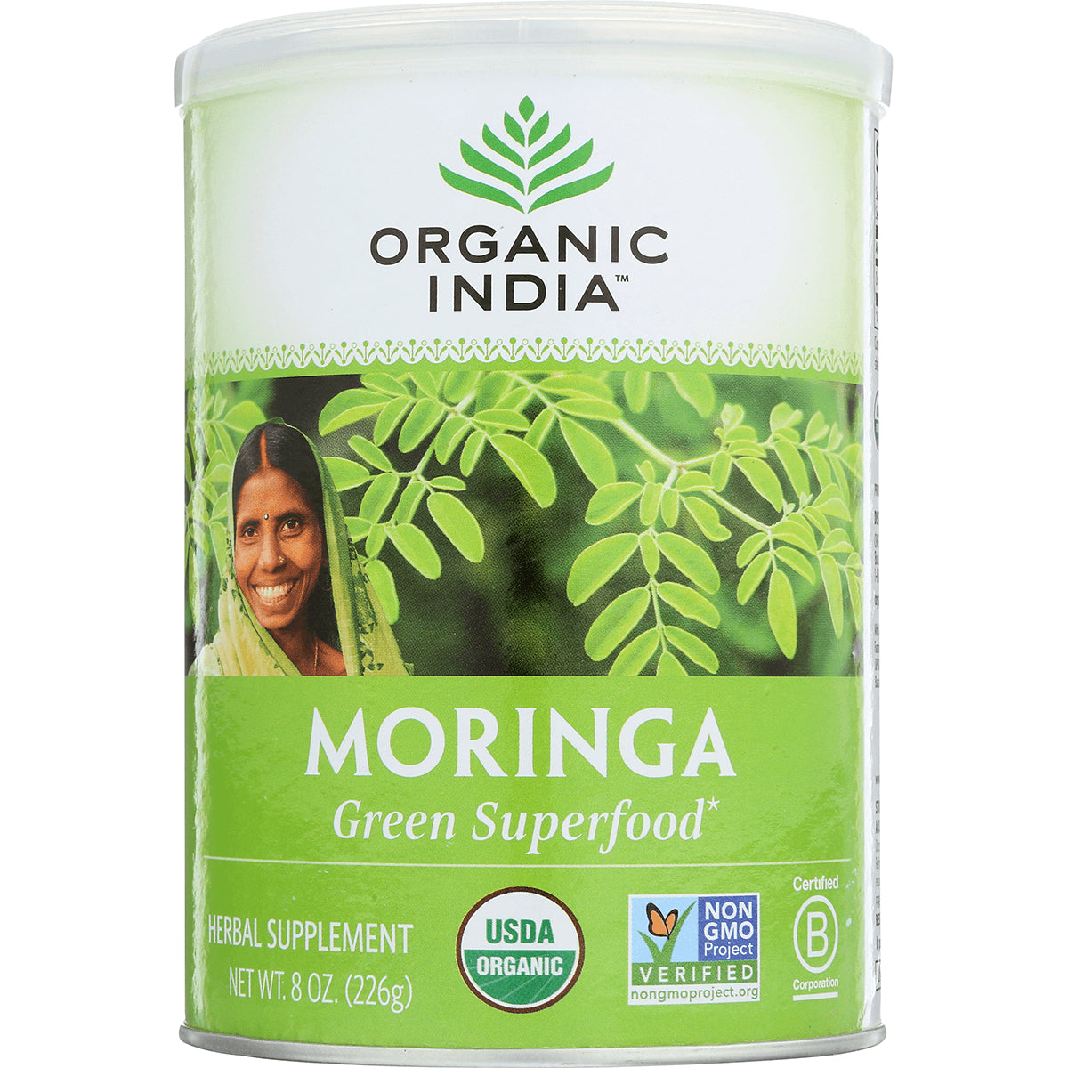 RGN058 | Organic India Moringa green superfood canister showing USDA Organic and Non-GMO labels