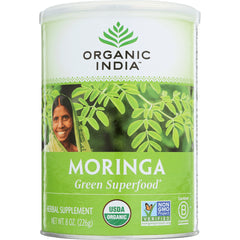 RGN058 | Organic India Moringa green superfood canister showing USDA Organic and Non-GMO labels