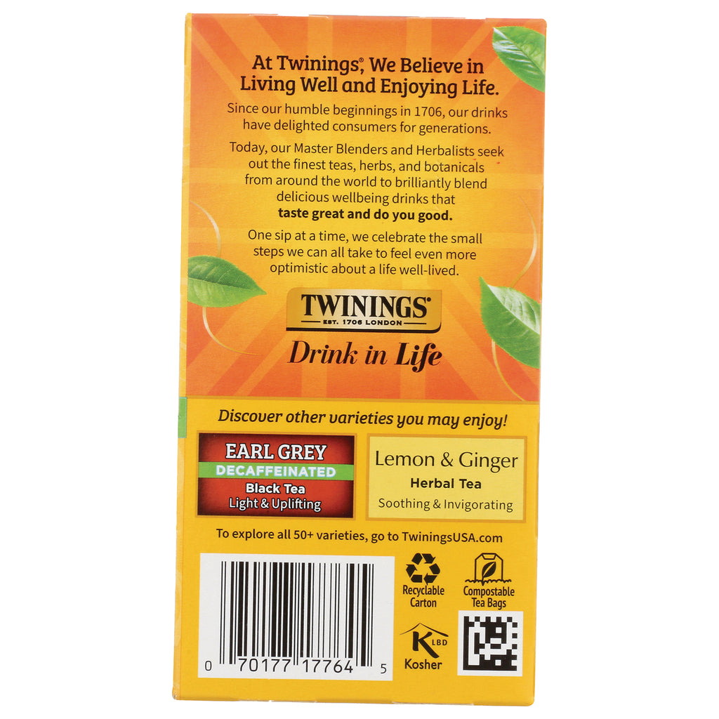 TWN018 | Twinings tea box back with brand story, varieties Earl Grey Decaffeinated and Lemon & Ginger, barcode and icons - Thumbnail