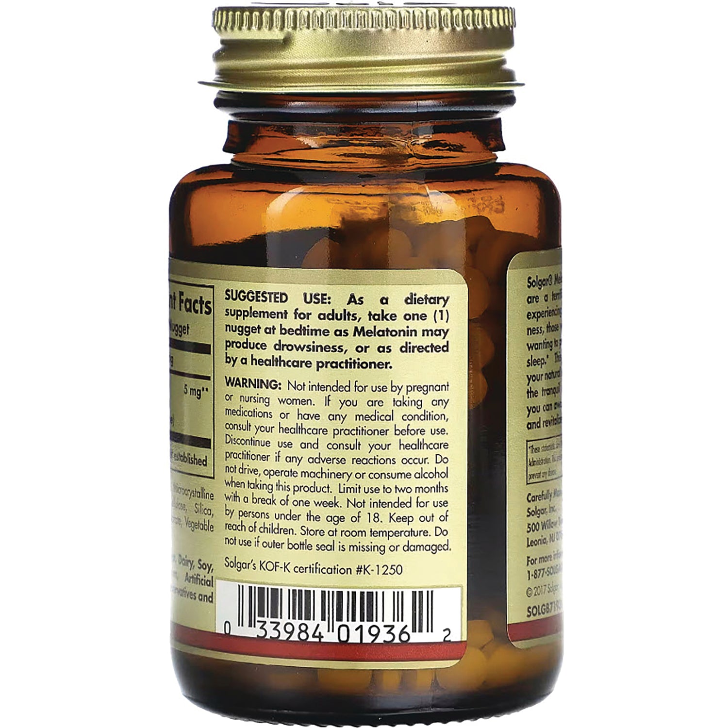 SLG352 | Back of amber supplement bottle showing suggested use and warning text above barcode