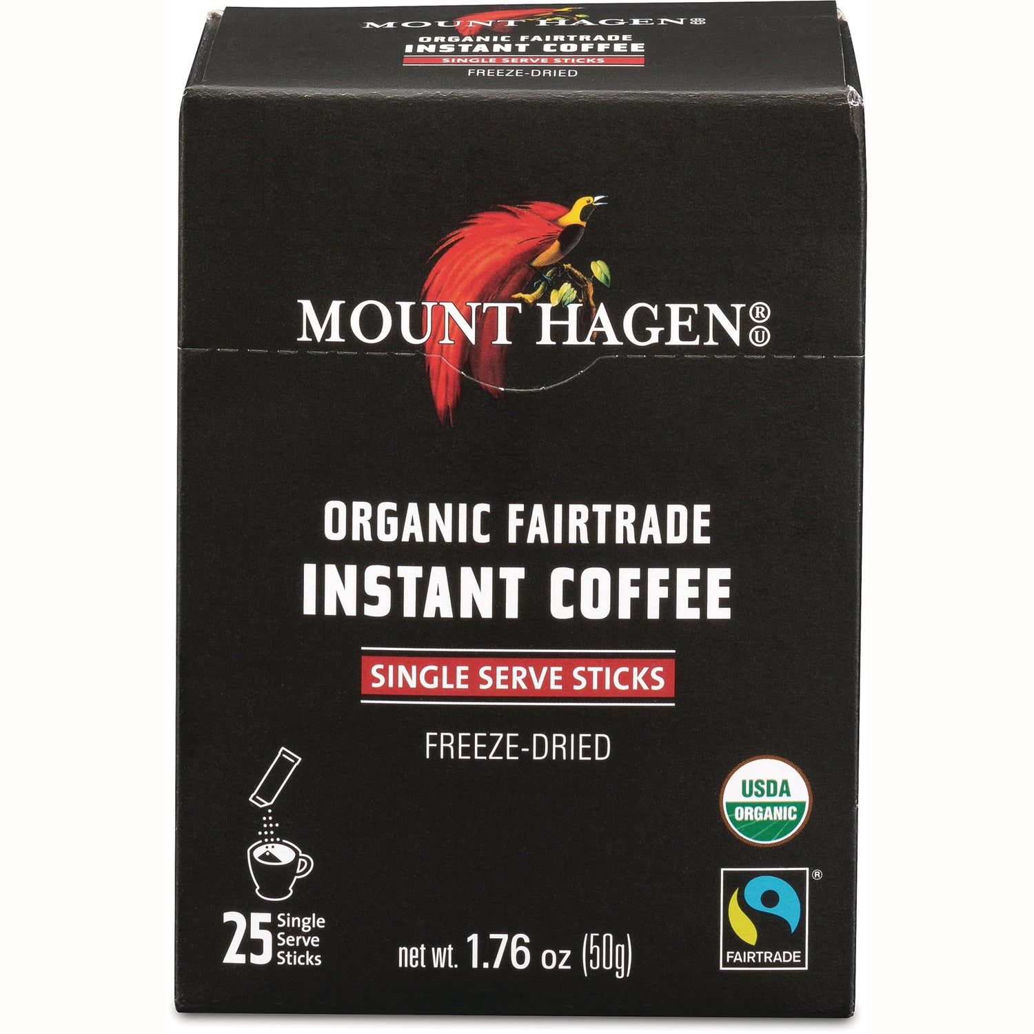 MTH006 | Mount Hagen organic Fairtrade instant coffee single serve sticks box, freeze-dried with USDA Organic and Fairtrade logos