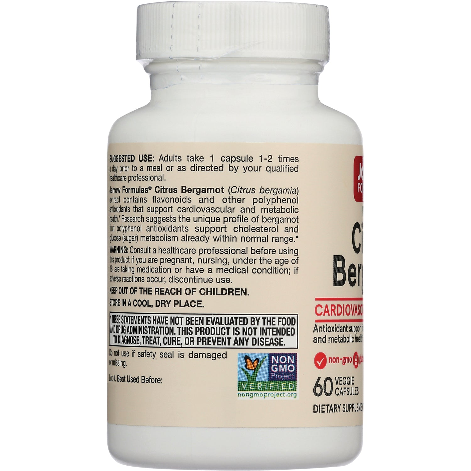 JR259 | Back label showing suggested use, warnings, Non-GMO Project verified badge and 60 veggie capsules text