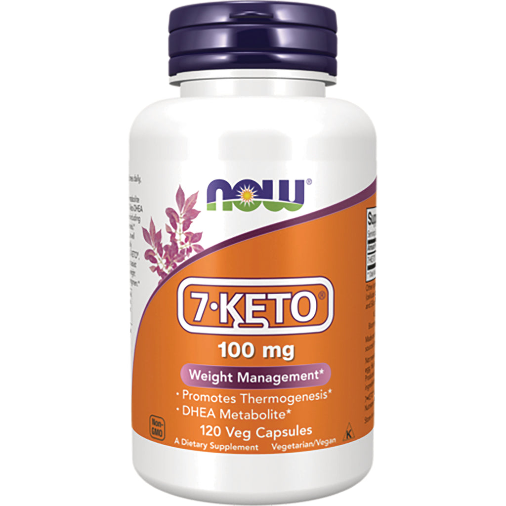 NWF1099 | NOW 7-KETO 100 mg white bottle with orange front label reading Weight Management, 120 Veg Capsules - Thumbnail