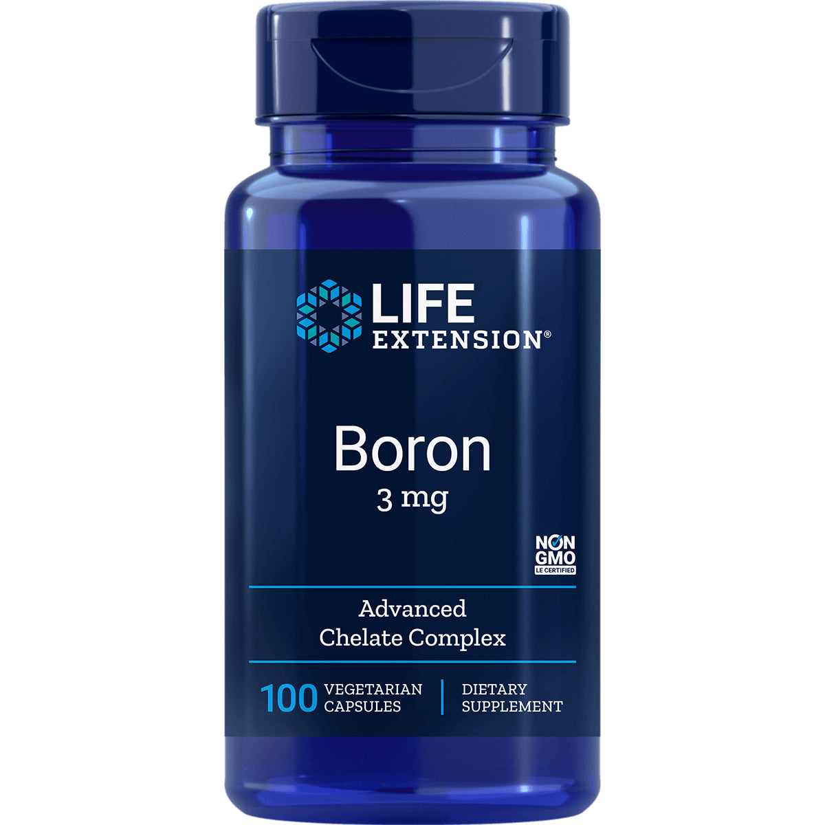 LE301 | Life Extension Boron 3 mg supplement bottle front label, 100 vegetarian capsules