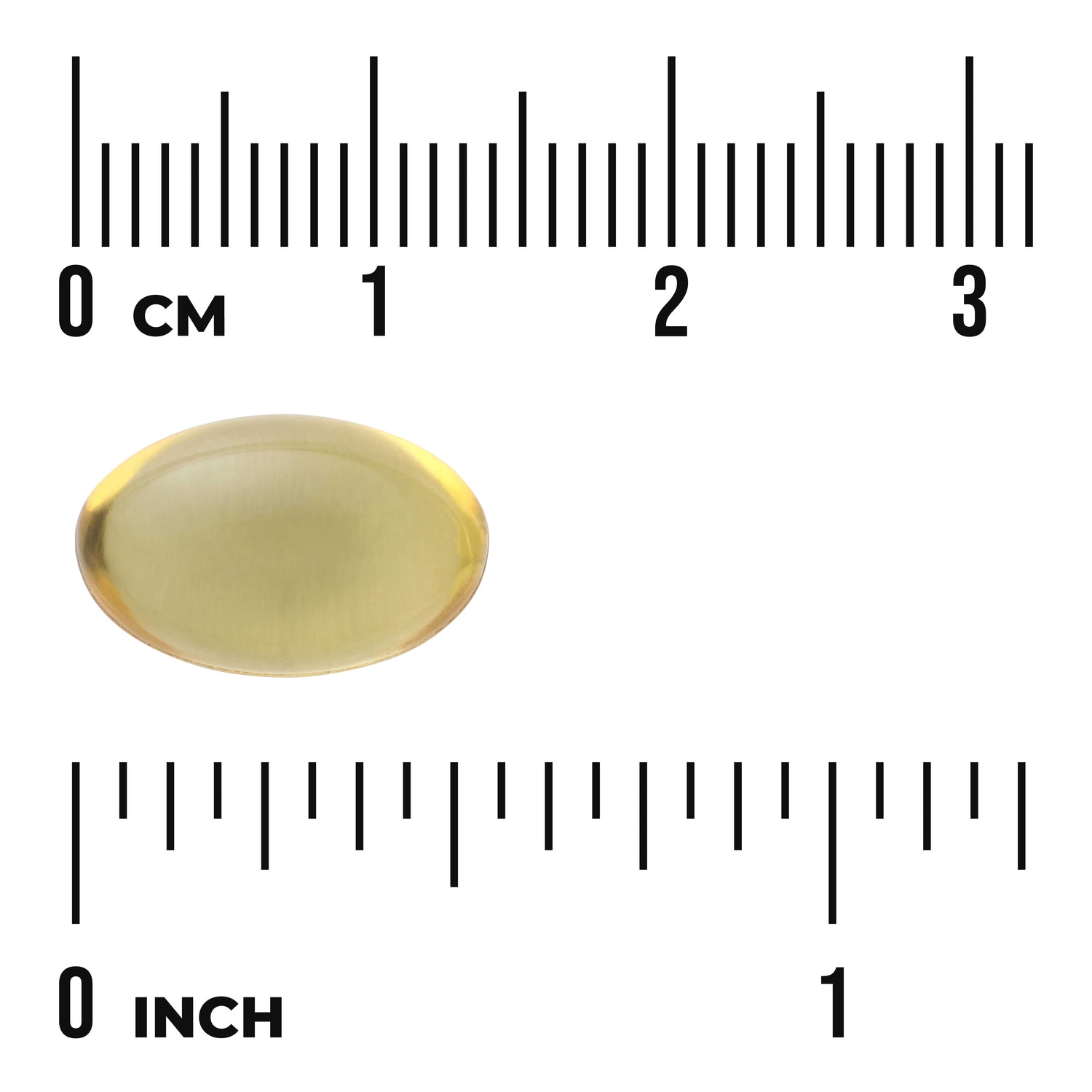 SW332 | Golden softgel with size ruler; labels show 0 CM and 0 INCH