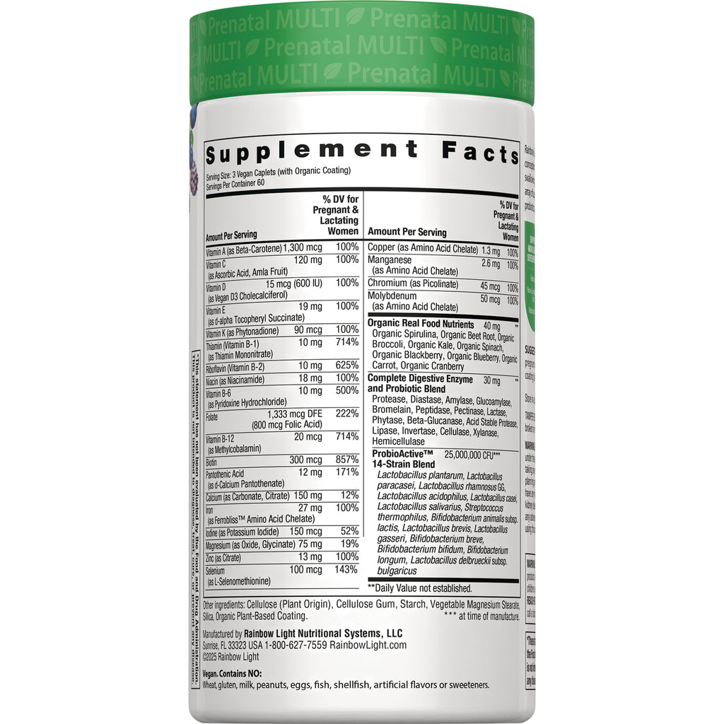 RBL176 | back label showing Supplement Facts panel, ingredients, and serving information on prenatal multivitamin bottle - Thumbnail