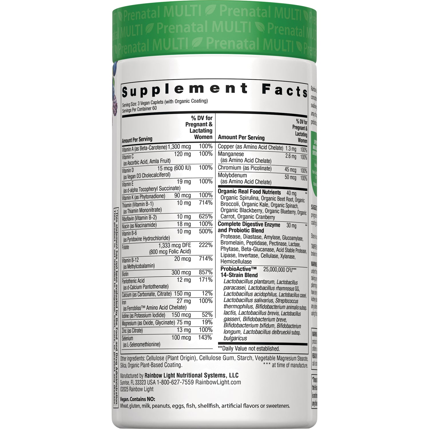 RBL176 | back label showing Supplement Facts panel, ingredients, and serving information on prenatal multivitamin bottle