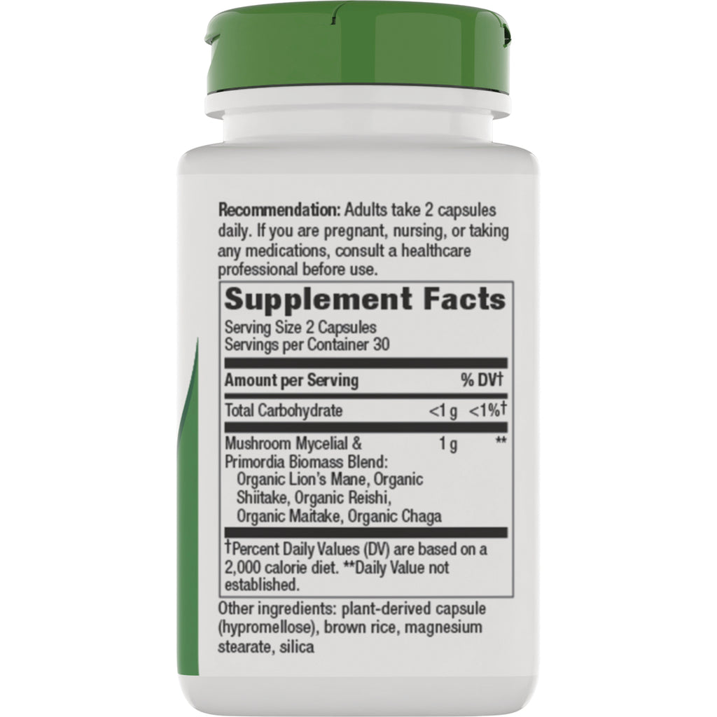 NW1073 | Back of white supplement bottle showing Supplement Facts panel and text listing mushroom blend and other ingredients - Thumbnail