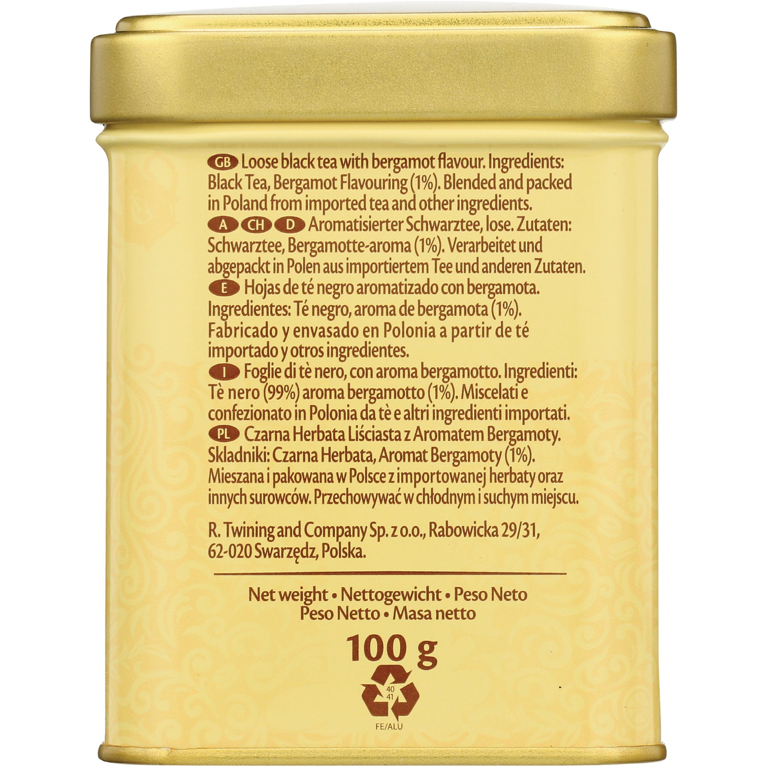 TWN001 | Back of Twinings loose black tea tin with bergamot flavour ingredients and 100 g net weight