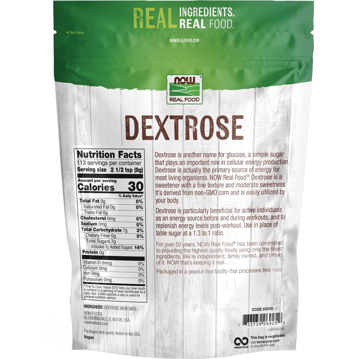 NWF456 | Back of Dextrose pouch showing nutrition facts panel and product description