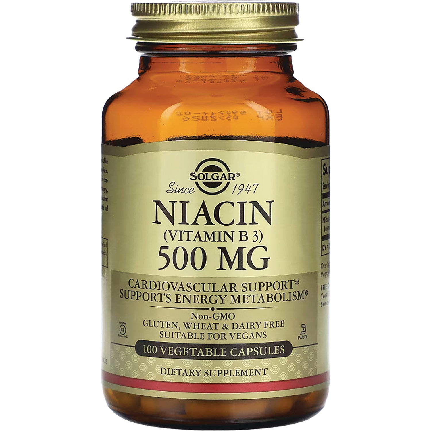 SLG296 | Solgar Niacin (Vitamin B3) 500 mg amber bottle front label, 100 vegetable capsules
