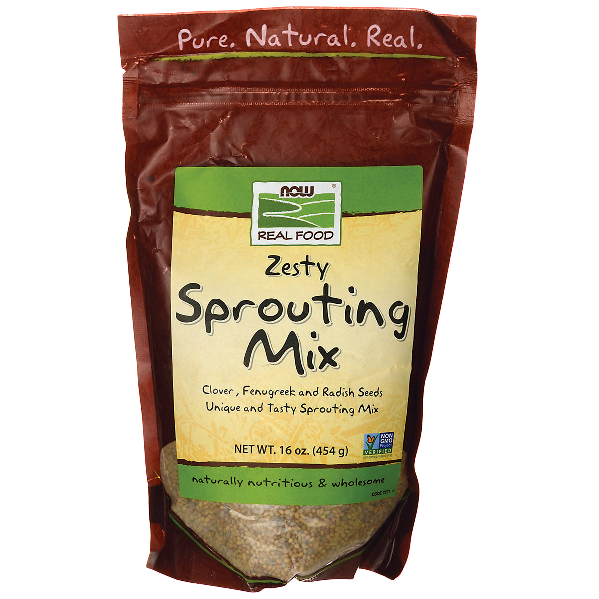 NWF1210 | NOW Real Food Zesty Sprouting Mix pouch, 16 oz (454 g) containing clover, fenugreek and radish seeds