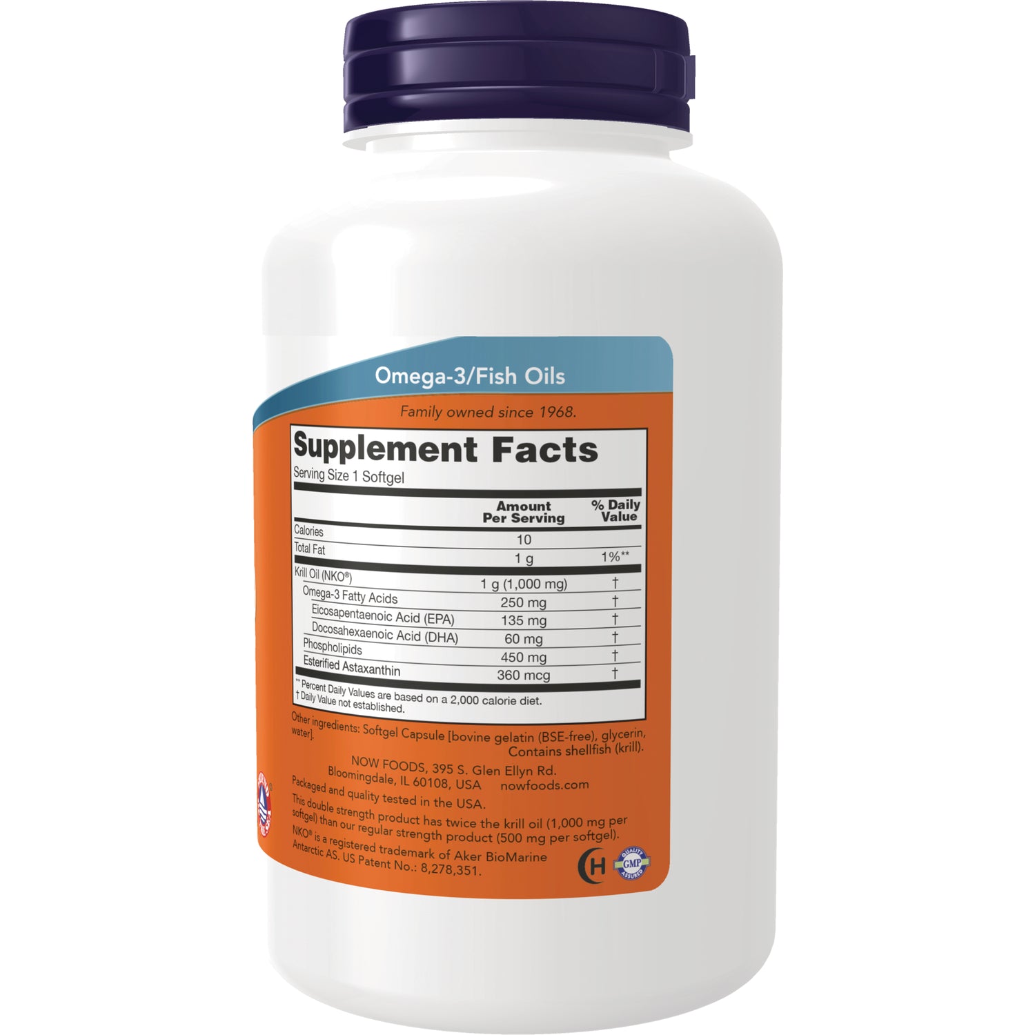 NWF1296 | Back label showing Supplement Facts panel and ingredients on white omega-3 fish oil bottle